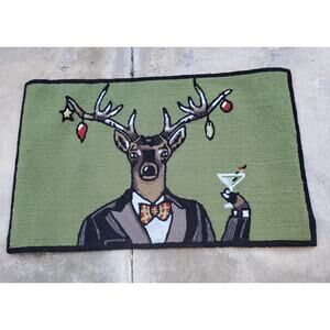 Liora Manne Rug Front Porch Christmas Mr Deer Green Hand Tuft In/Outdoor 30x48